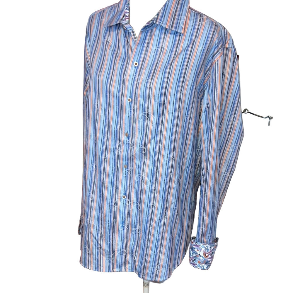 Robert Graham Flip Cuffs Men's Striped Blue and Orange Paisley Shirt L
